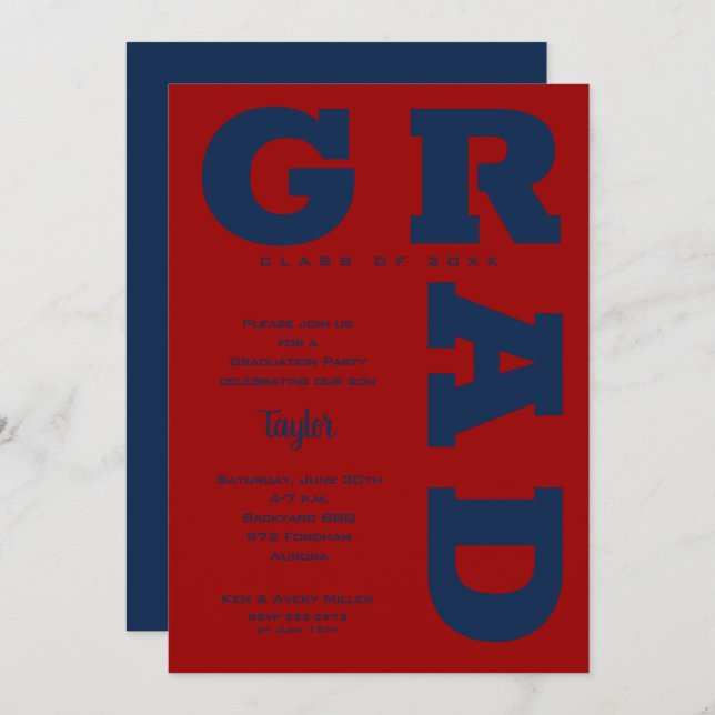 Invitation Bleu GRAD sur rouge foncé Graduation (Devant / Derrière)