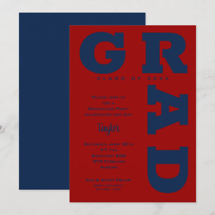 Invitation Bleu GRAD sur rouge foncé Graduation