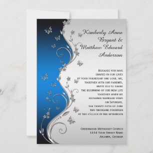 Invitation Bleu Gradient Argent Ornate Papillons Mariage