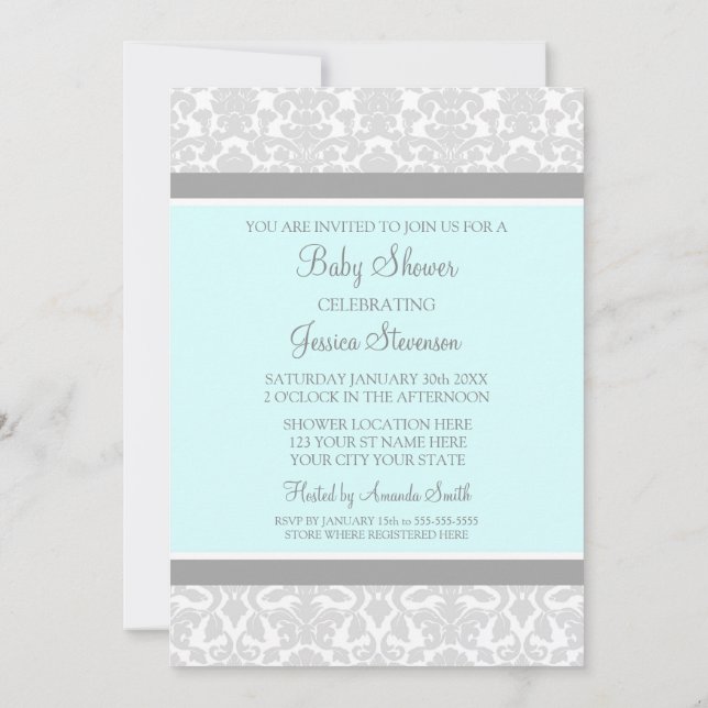 Invitation Bleu gris Damas Personnalisé Bébé Shower Invitatio (Dos)