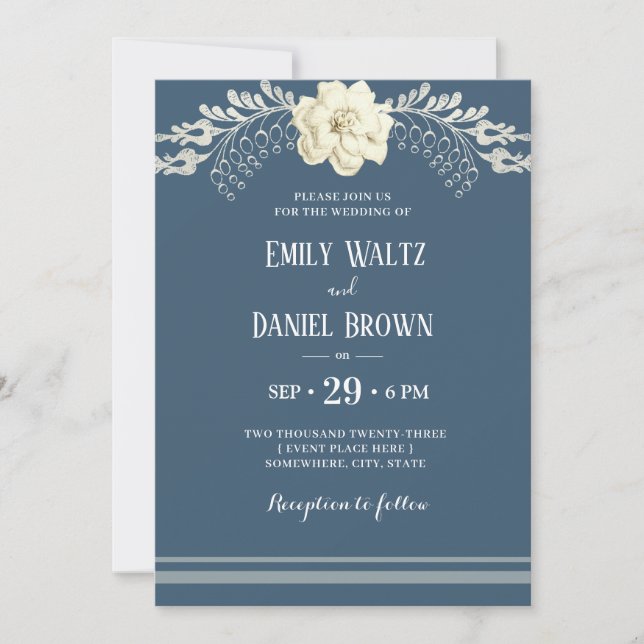Invitation Bleu gris Élégant blanc Camellia Mariage (Devant)