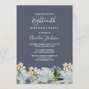 Invitation Bleu Gris Floral Élégant Aquarelle 18e Anniversair