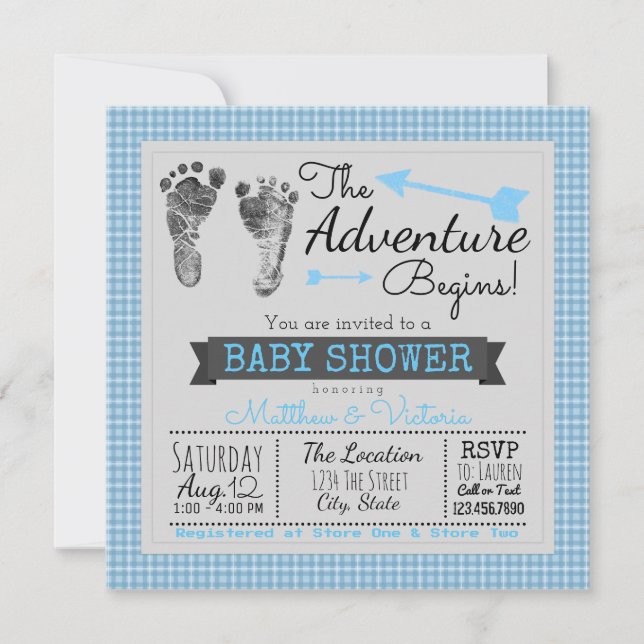 Invitation Bleu Gris L'Aventure Commence Garçon Baby Shower (Devant)