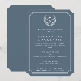 Invitation Bleu-gris MD Asclepius + Laurel Wreath Graduation