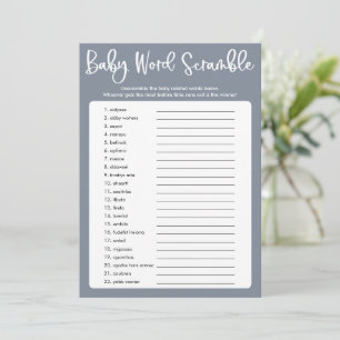 Invitation Bleu gris moderne baby shower mot scramble jeu