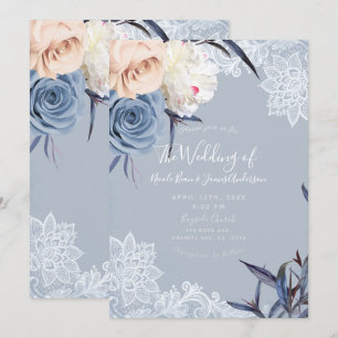 Invitation Bleu Gris Poussiéreux et Mariage Fleur de Pêche en