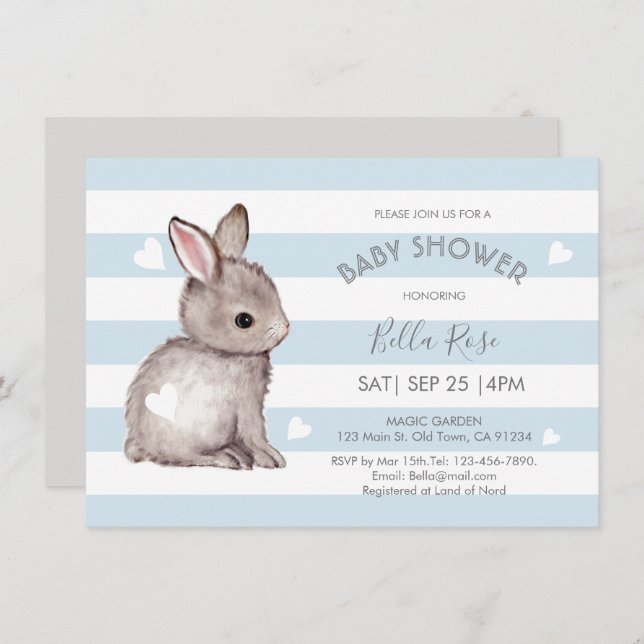 Invitation Bleu gris rayures Bunny Coeur Baby shower Invitati (Devant / Derrière)