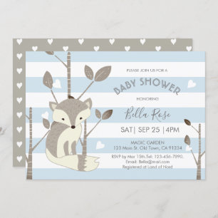 Invitation Bleu gris rayures Fox Baby shower de coeur