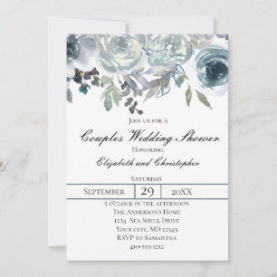 Invitation Bleu Gris Vert Élégant Floral Mariage Couple 