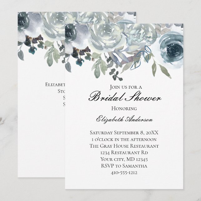 Invitation Bleu gris vert Élégante aquarelle florale nuptiale (Devant / Derrière)