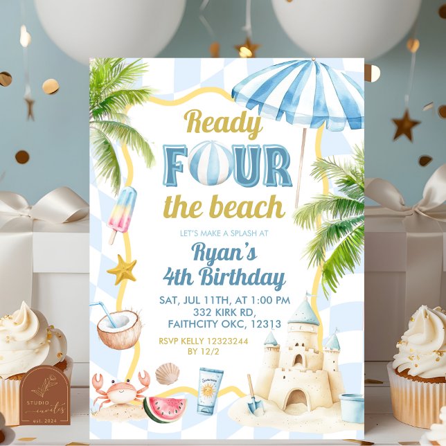 Invitation Bleu Groovy Prêt QUATRE la Plage 4ème Anniversaire (Créateur téléchargé)