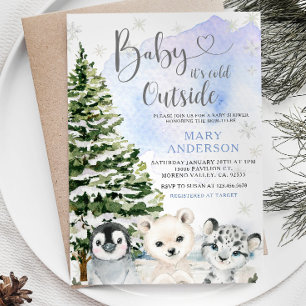 Invitation Bleu Hiver Arctique Animaux Baby shower des pins