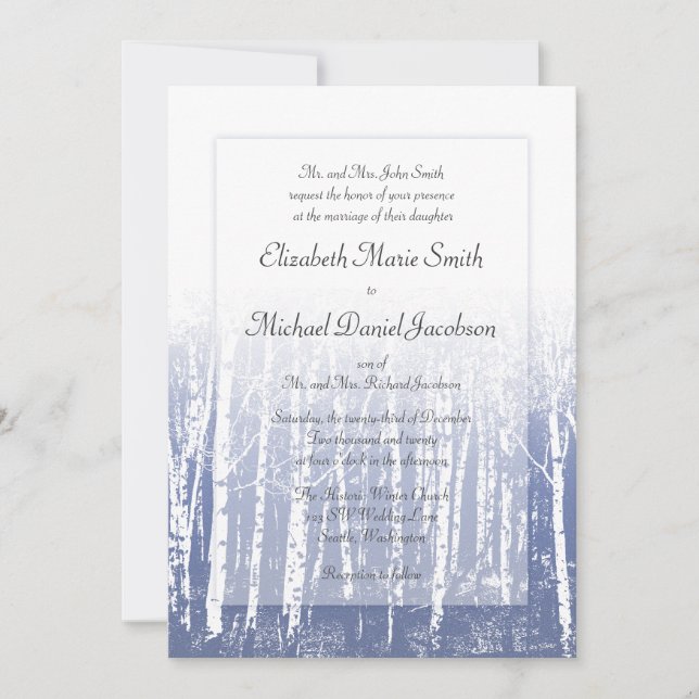 Invitation Bleu Hiver Aspen Birch Trees Mariage (Devant)