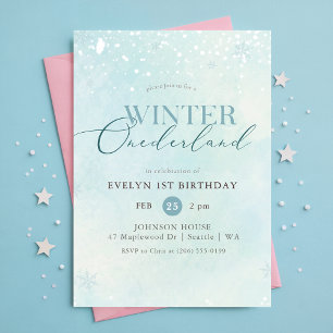 Invitation Bleu Hiver Onederland Flocon Premier Anniversaire