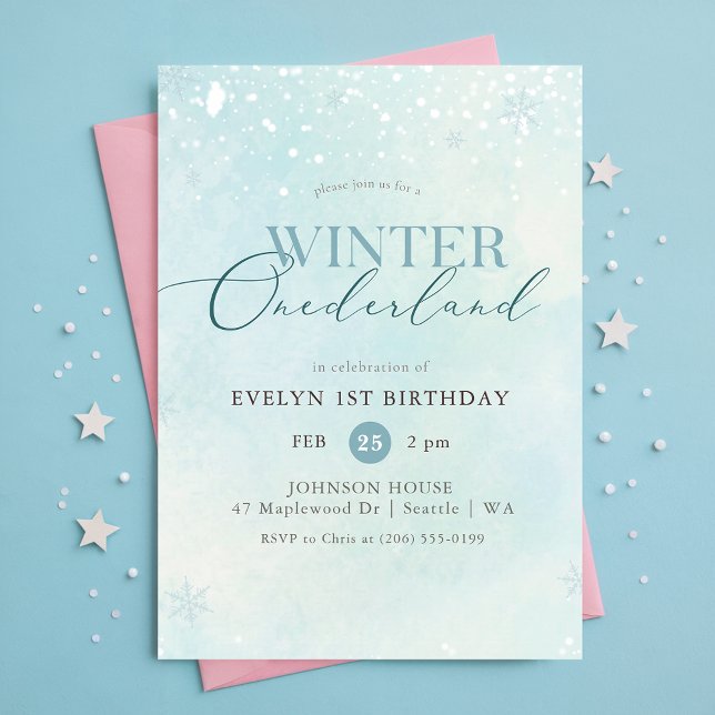 Invitation Bleu Hiver Onederland Flocon Premier Anniversaire (Créateur téléchargé)