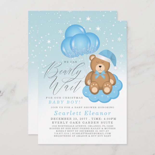Invitation Bleu hiver Sleepy Bear Balloons Baby shower garçon (Devant / Derrière)