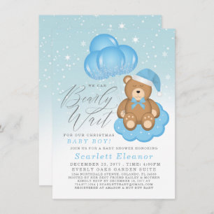 Invitation Bleu hiver Sleepy Bear Balloons Baby shower garçon