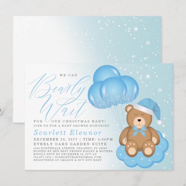 Invitation Bleu hiver Sleepy Bear Balloons Baby shower garçon (Devant / Derrière)