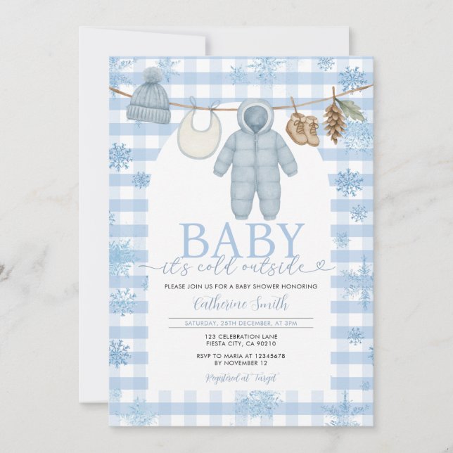 Invitation Bleu Hiver Vêtements Baby shower Neige (Devant)