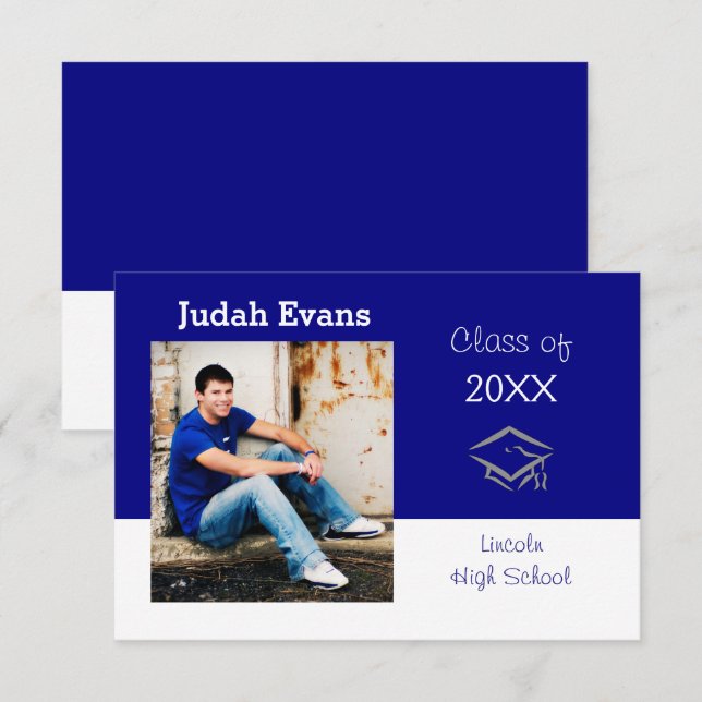 Invitation Bleu horizontal avec photo-3x5Faire-part de diplôm (Devant / Derrière)