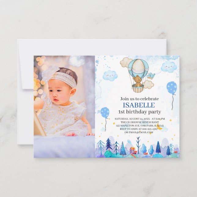 Invitation Bleu Hot-air invitation, fille 1er anniversaire (Devant)