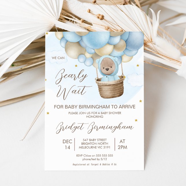 Invitation Bleu Hotair Bearly Wait Baby shower (Boy's blue beige hotair balloon bearly wait for baby to arrive baby shower invitation.)