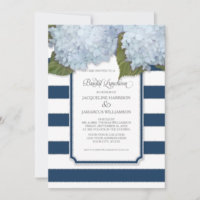 Invitation Bleu Hydrangea Bridal Luncheon Marine Stripe Moder (Devant)