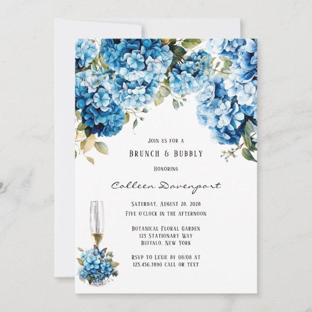 Invitation Bleu Hydrangea Butterfly Floral Brunch & Bubbly (Devant)