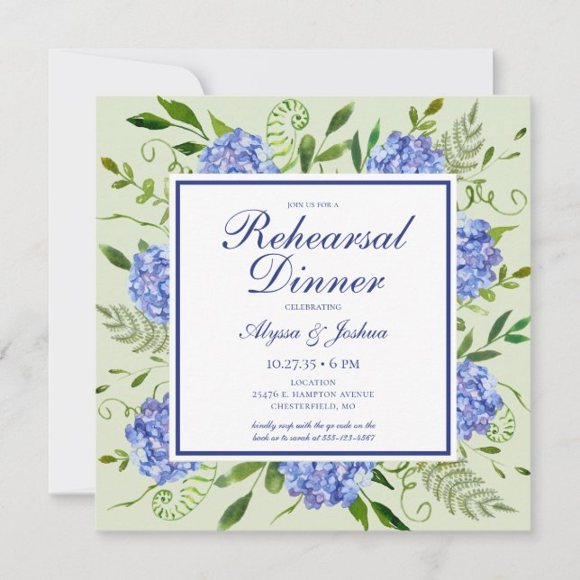 Invitation Bleu Hydrangea QR Code Dîner de répétition (Devant)