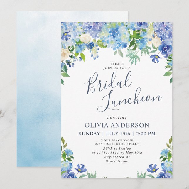 Invitation Bleu Hydrangea Verdure Aquarelle Bridal Déjeuner (Devant / Derrière)