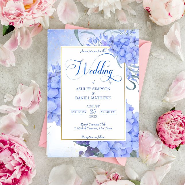 Invitation Bleu hydrangeas élégant mariage à fleurs (Blue hydrangeas elegant floral wedding invitation template)
