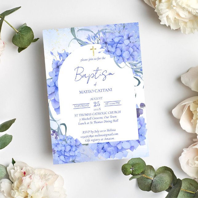 Invitation Bleu hydrangée élégante arche fleurie baptême (Baptism christening blue hydrangeas invitation template)