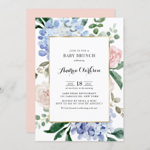 Invitation Bleu Hydrangée et rose Roses Baby shower Brunch