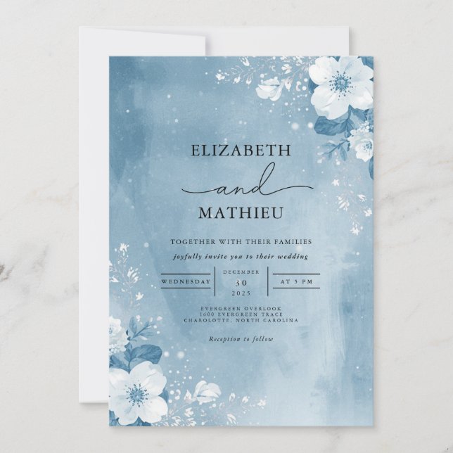 Invitation Bleu Icy Mariage de gel botanique (Devant)