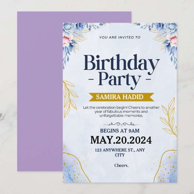 Invitation Bleu Illustration Floral Anniversaire (Devant / Derrière)