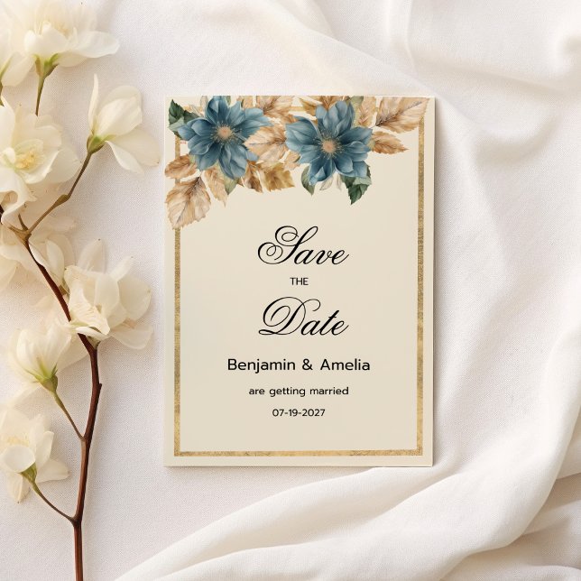 Invitation Bleu ivoire automne fleuri printemps Enregistrer l (Blue ivory gold fall spring floral Save the Date)