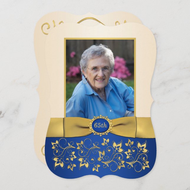 Invitation Bleu, ivoire, or 65ème Photo Anniversaire Invitati (Devant / Derrière)