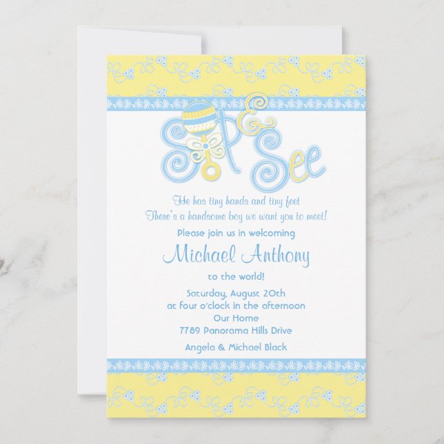 Invitation Bleu Jaune Dentelle Sip N Voir Baby shower (Devant)