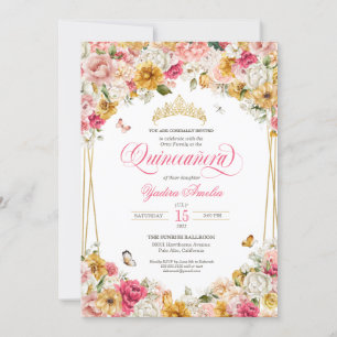 Invitation Bleu Jaune élégant papillon floral Quinceanera