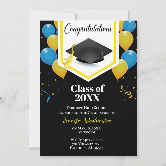 Invitation Bleu jaune et noir confetti graduation (Devant)