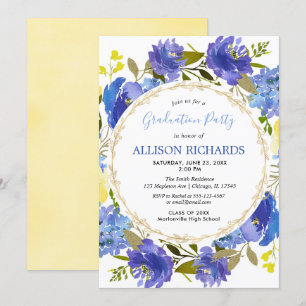 Invitation Bleu jaune or floral été fête de graduation