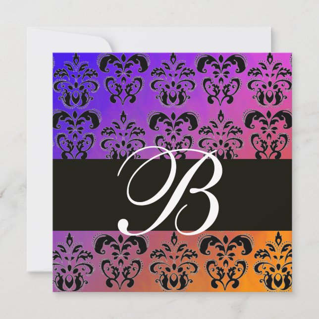 Invitation BLEU JAUNE PURPLE BLACK DAMASK MONOGRAM, blanc (Devant)