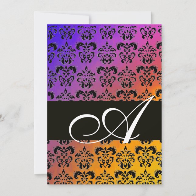 Invitation BLEU JAUNE VIOLET NOIR DAMAS MONOGRAMME, blanc (Devant)