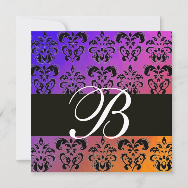 Invitation BLEU JAUNE VIOLET NOIR DAMAS MONOGRAMME, blanc (Devant)