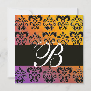 Invitation BLEU JAUNE VIOLET NOIR DAMAS MONOGRAMME, blanc