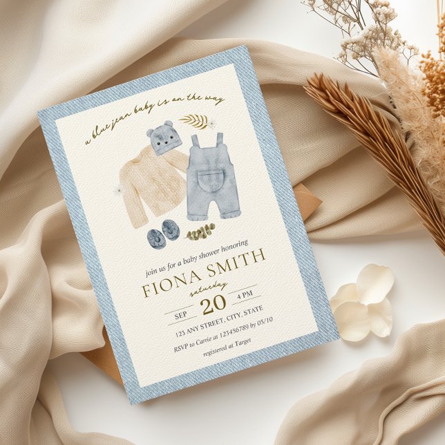 Invitation Bleu Jean Baby shower Denim Vêtements de garçon (A blue jean baby Denim Boy Baby Shower Invitation Boho Country Vintage Western Little Cowboy)