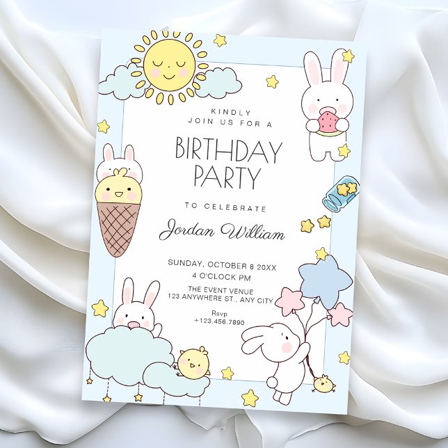 Invitation Bleu joyeux anniversaire mignon (Créateur téléchargé)