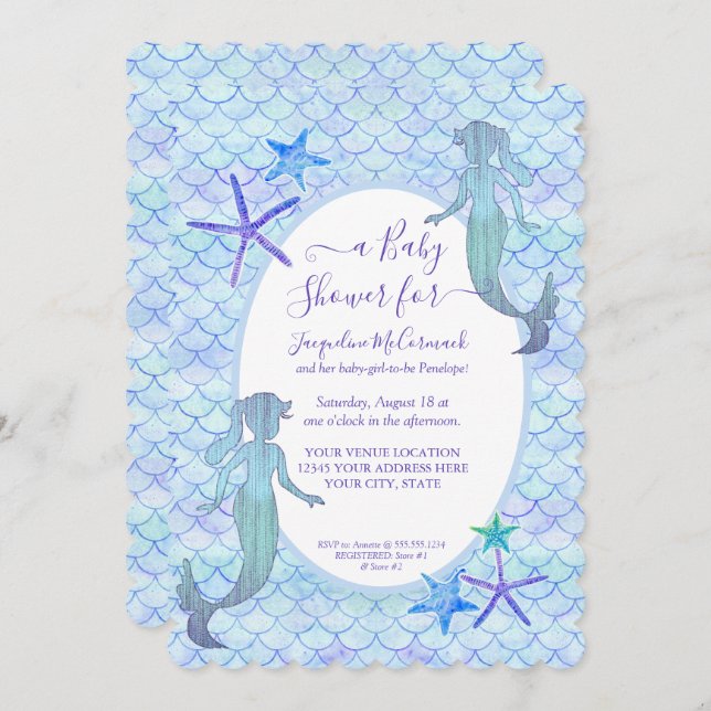 Invitation Bleu Lavande Sirène Aquarelle Bébé Fille Douche (Devant / Derrière)
