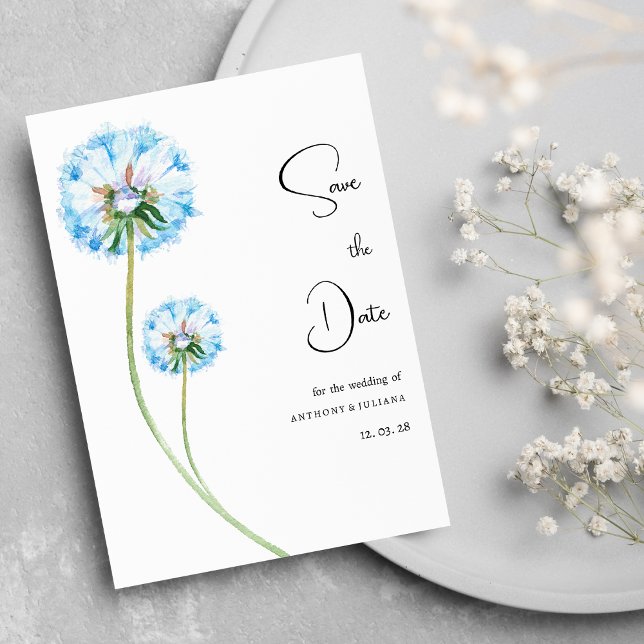 Invitation Bleu lilas vert dandelion floral Enregistrer la da (Blue lilac green dandelion floral Save the Date)