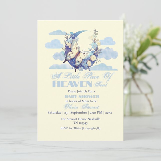 Invitation Bleu Lune Petit morceau du ciel envoyé Baby shower (Debout devant)